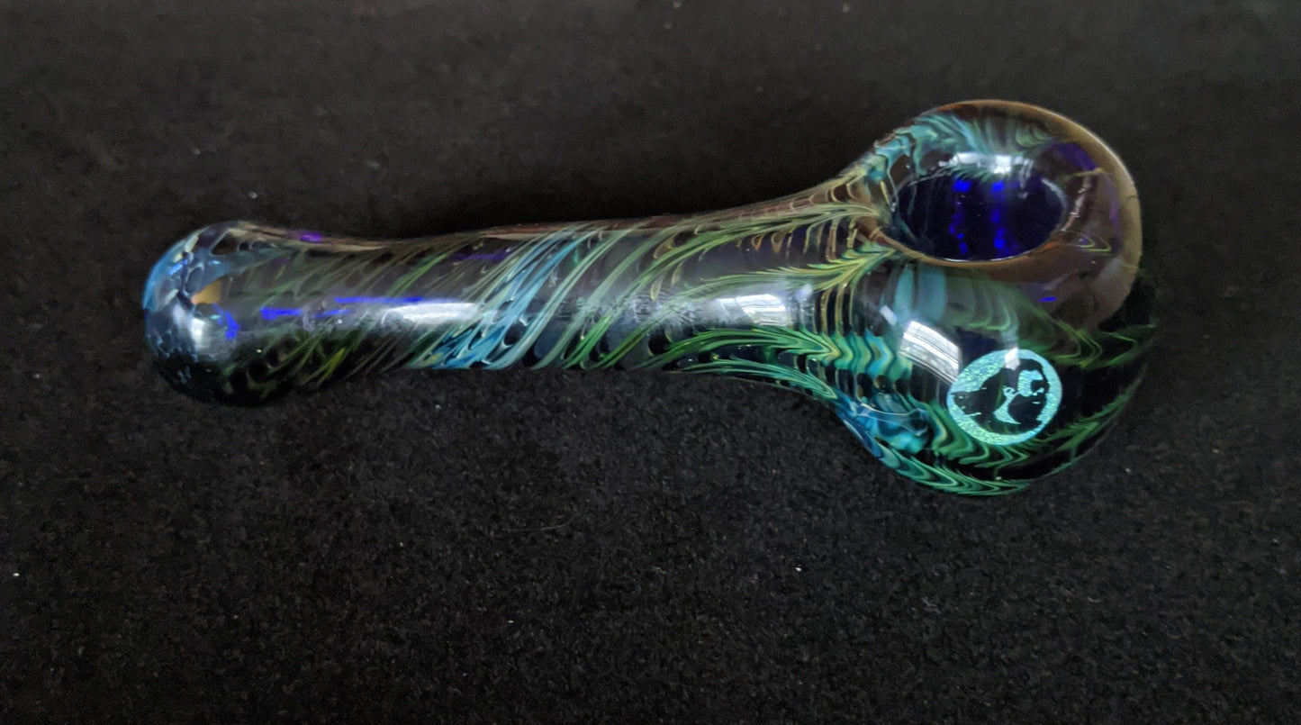 4.5 Inch Glass Spoon, Dichroic Jerry Face, Gold & Silver Fumed Rake Design