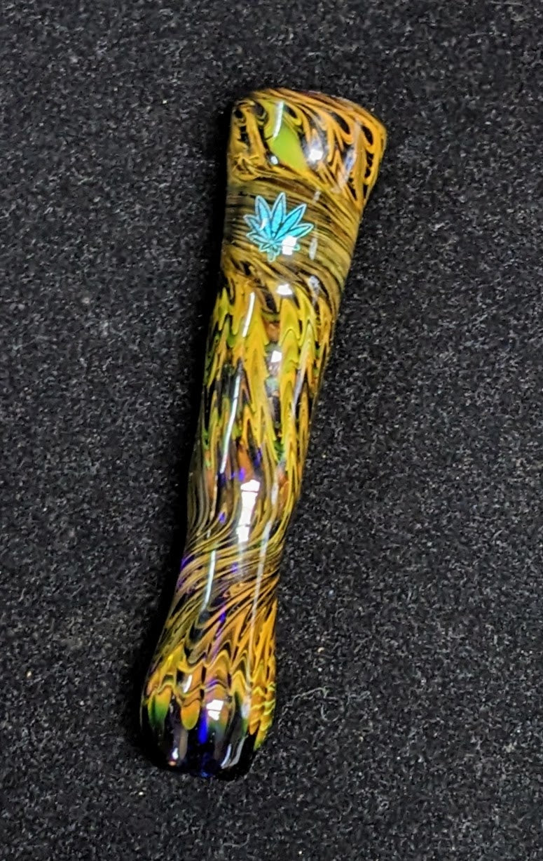 4 inch Glass Chillum, Dichroic Leaf, Gold & Silver Fumed Rake Design