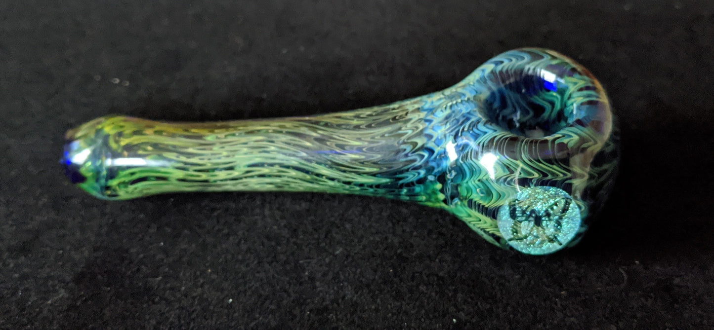 4.5 Inch Glass Spoon, Dichroic Butterfly Image, Gold & Silver Fume Rake Design