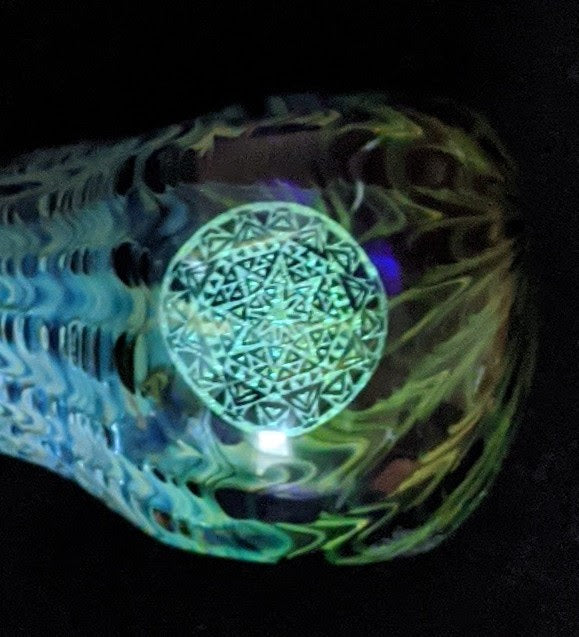4.5 Inch Glass Spoon, Dichroic Sacred G Symbol, Gold & Silver Fume Rake Design