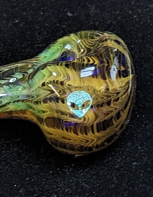 4.5 inch Glass Spoon, Dichroic Alien, Gold & Silver Fumed Rake Design