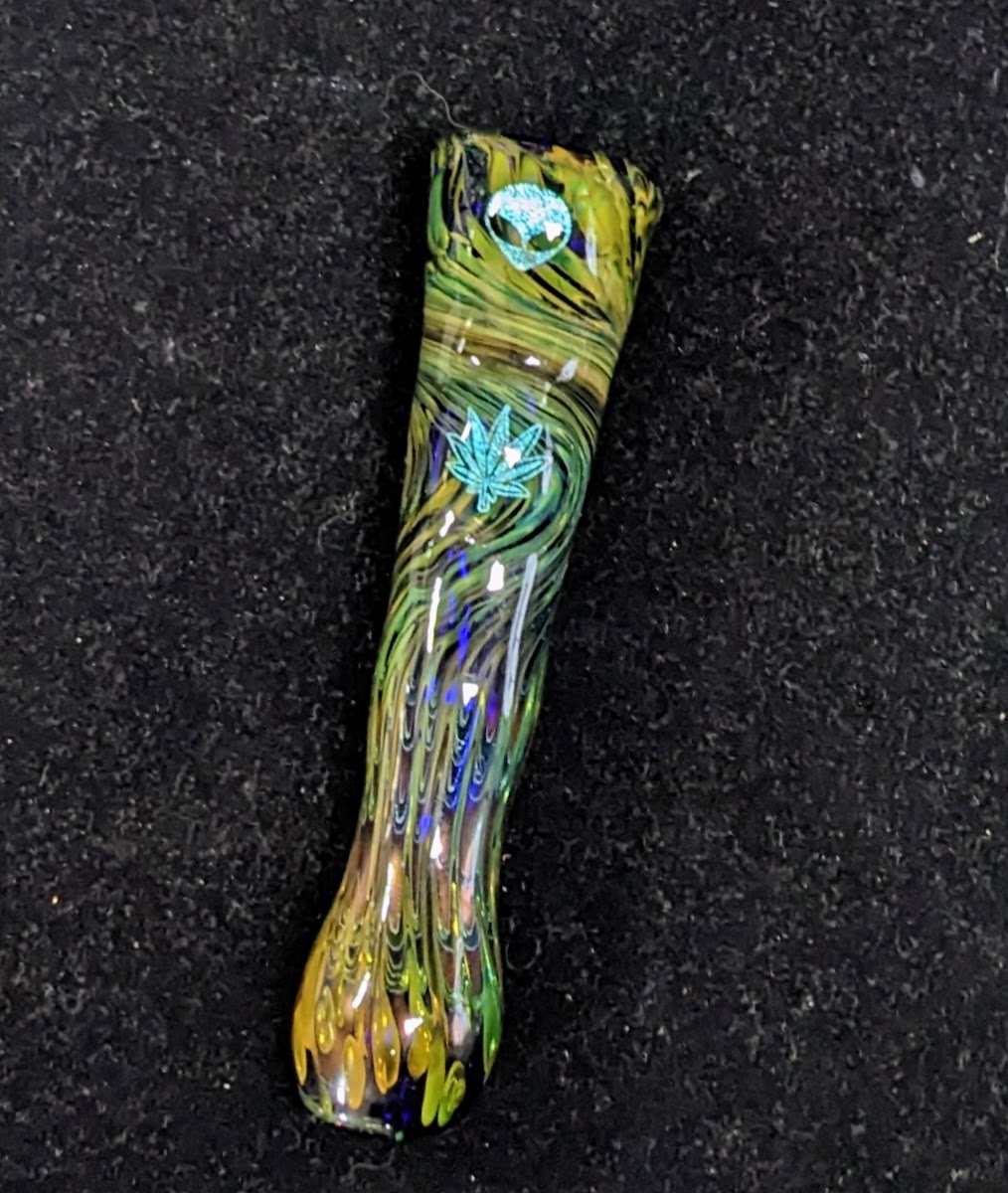 3.5 inch Glass Chillum, Dichroic Alien & Leaf, Silver & Gold Fumed Rake Design