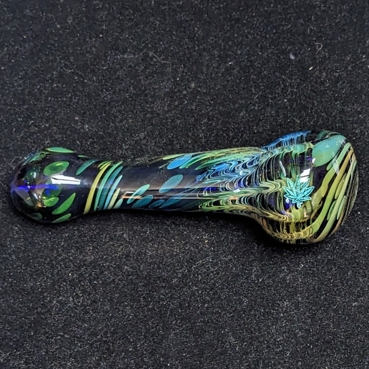 4.5 inch Glass Spoon, Dichroic Leaf, Gold & Silver Fumed Rake Design
