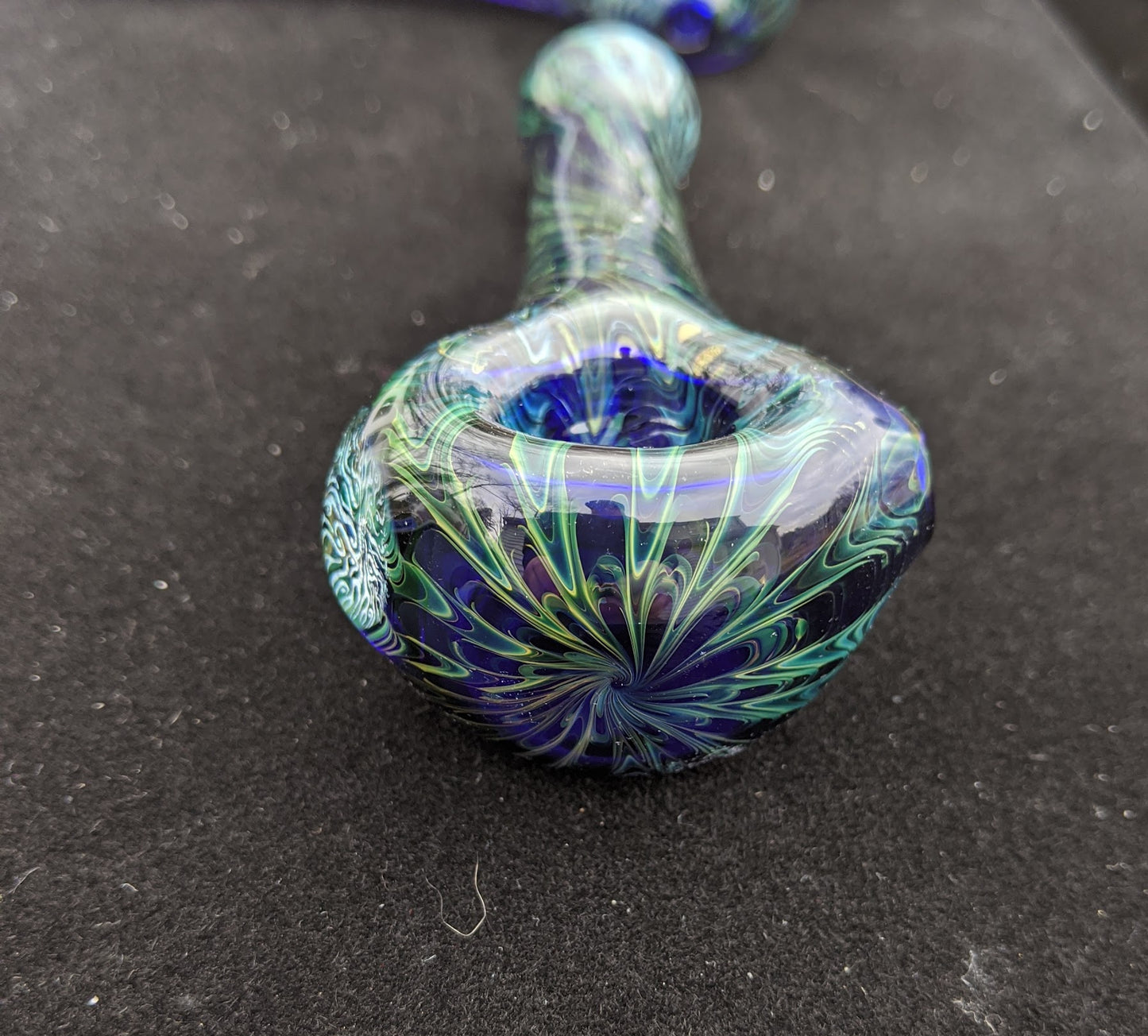 4.5 Inch Glass Spoon, Dichroic Tribal Symbol, Gold & Silver Fumed Rake Design