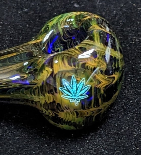 4 inch Glass Spoon, Dichroic Leaf, Gold and Silver Fumed Rake Design