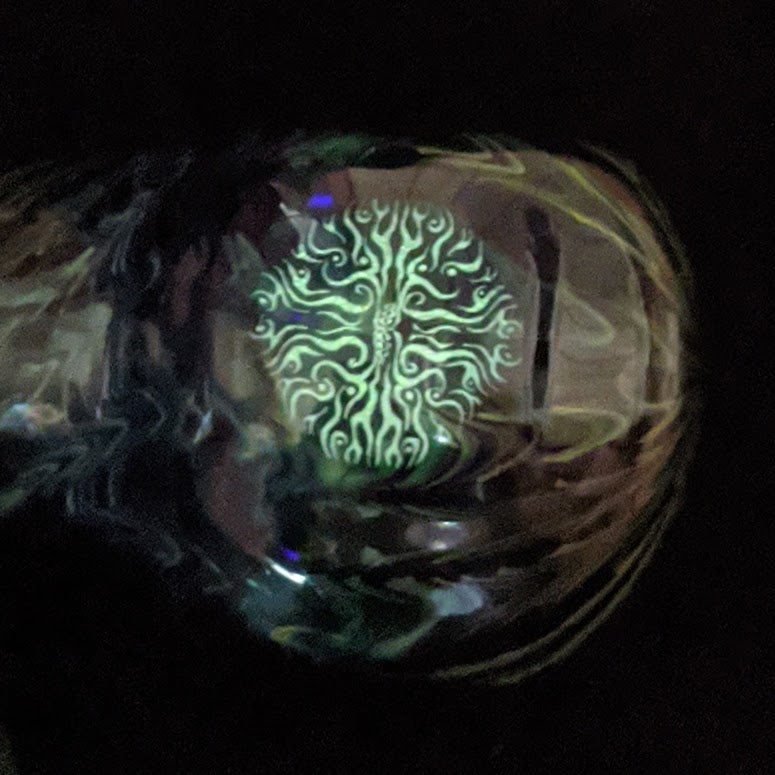 4.5 Inch Glass Spoon, Dichroic Tribal Symbol, Gold & Silver Fumed Rake Design
