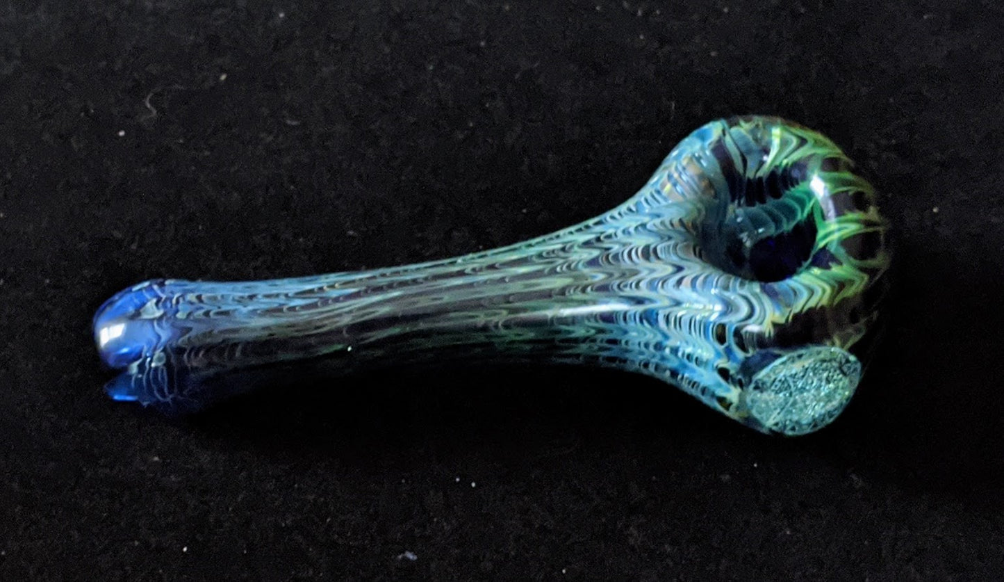 4.5 Inch Glass Spoon, Dichroic Sacred G Symbol, Gold & Silver Fume Rake Design