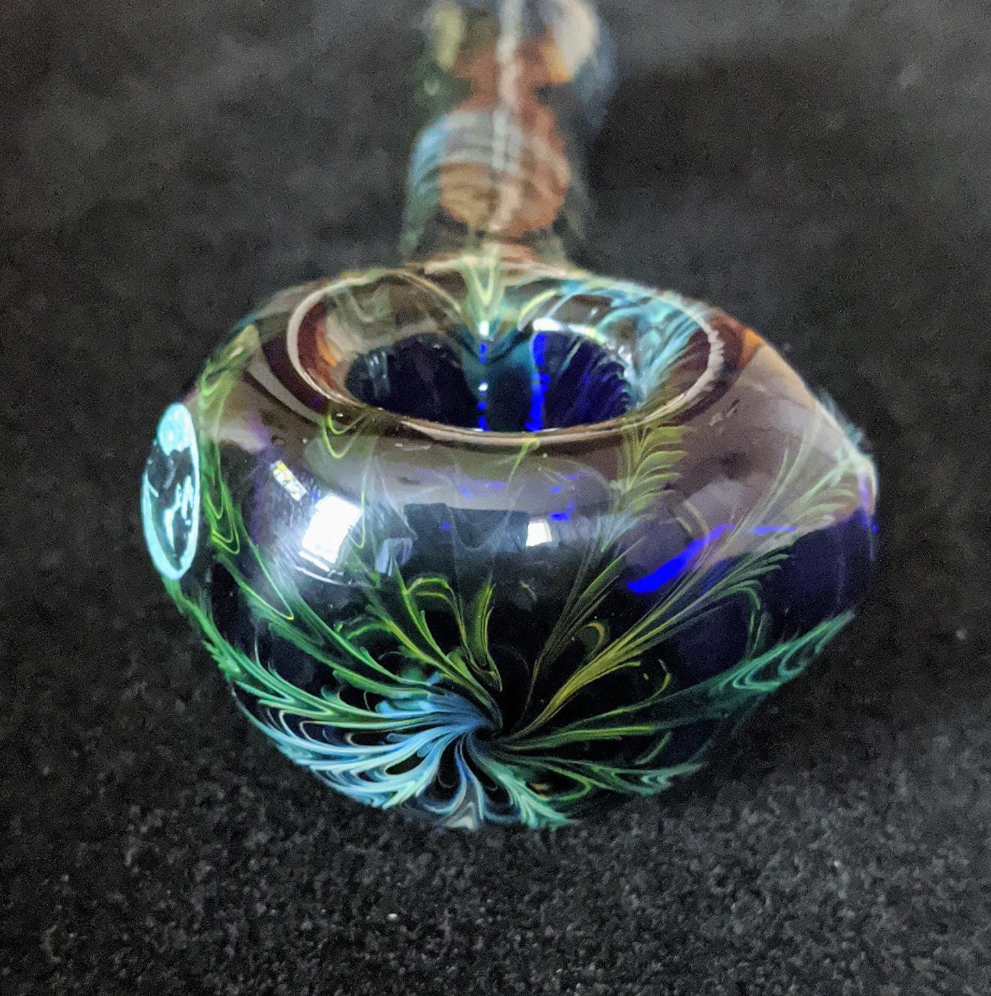 4.5 Inch Glass Spoon, Dichroic Jerry Face, Gold & Silver Fumed Rake Design
