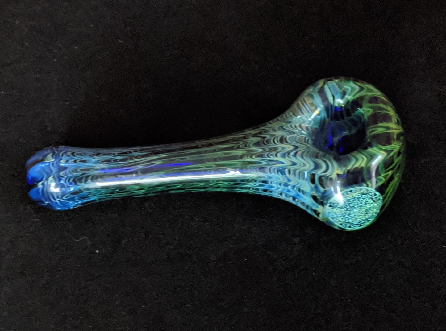 4.5 Inch Glass Spoon, Dichroic Sacred G Symbol, Gold & Silver Fume Rake Design