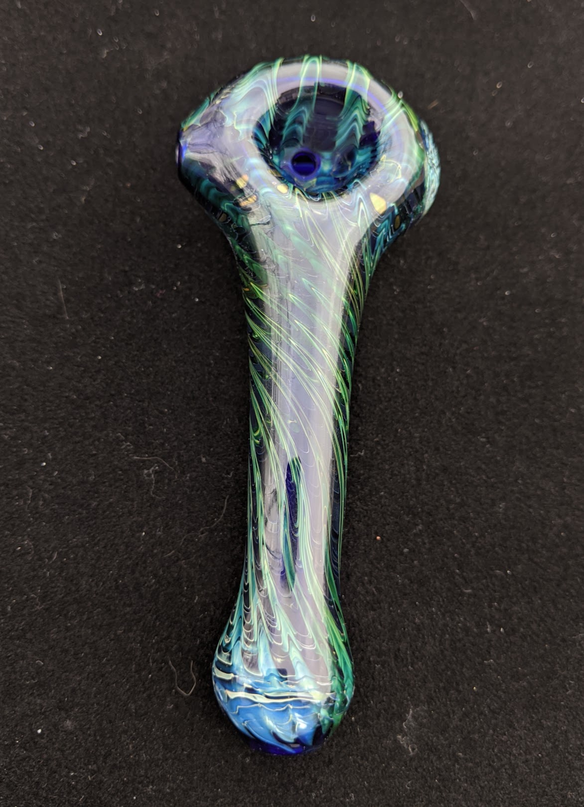 4.5 Inch Glass Spoon, Dichroic Tribal Symbol, Gold & Silver Fumed Rake Design