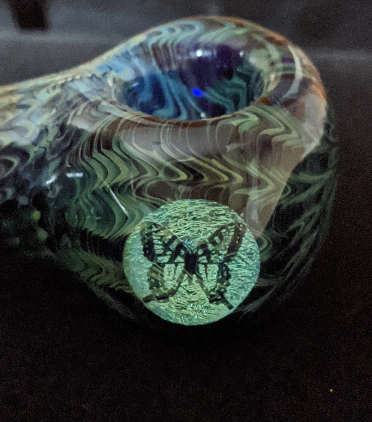 4.5 Inch Glass Spoon, Dichroic Butterfly Image, Gold & Silver Fume Rake Design