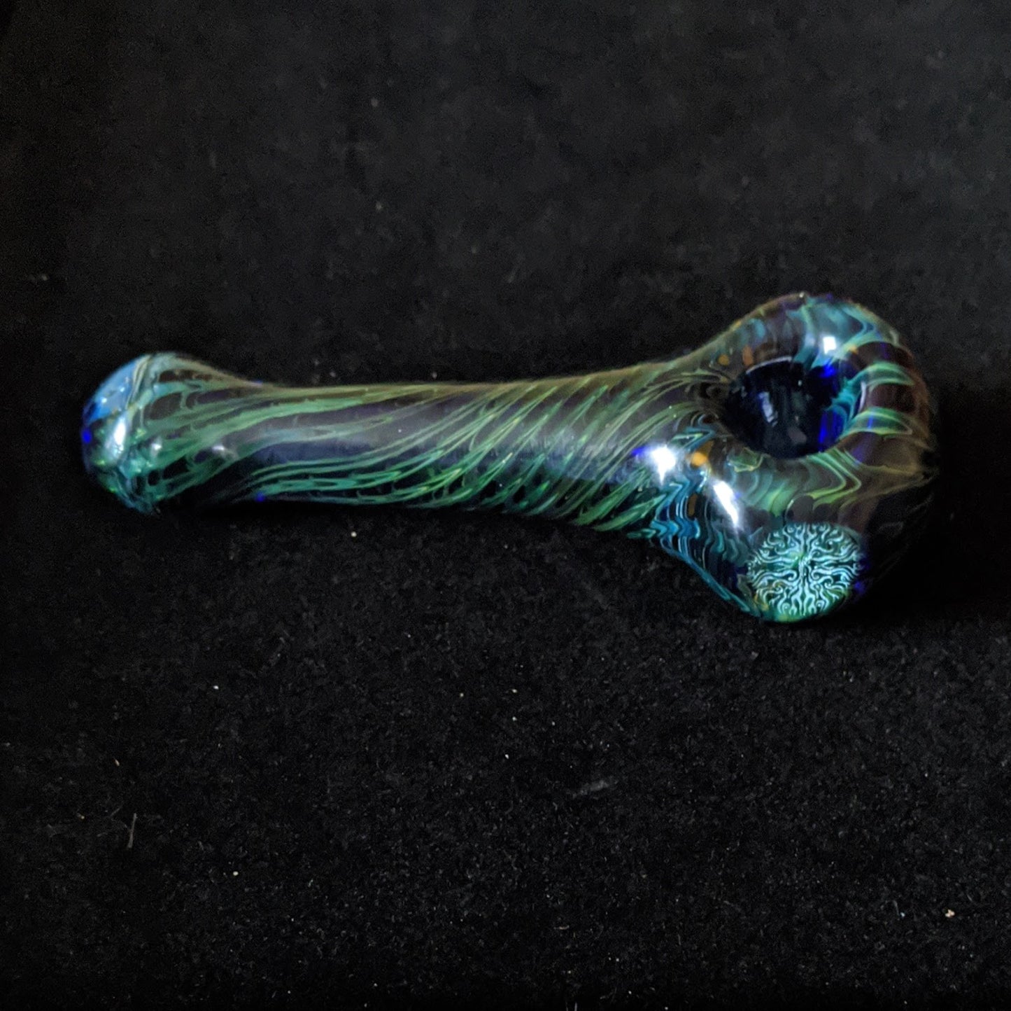 4.5 Inch Glass Spoon, Dichroic Tribal Symbol, Gold & Silver Fumed Rake Design