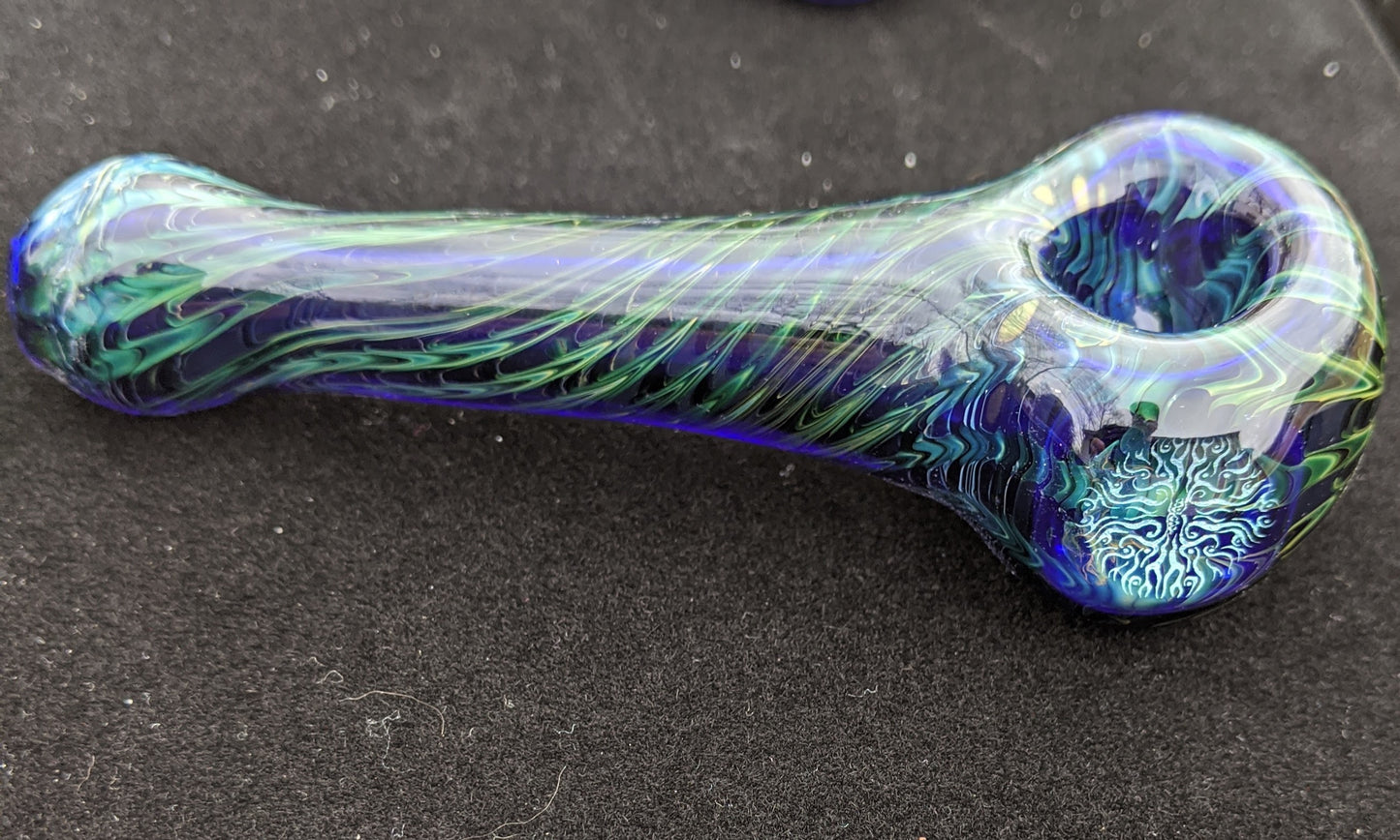 4.5 Inch Glass Spoon, Dichroic Tribal Symbol, Gold & Silver Fumed Rake Design