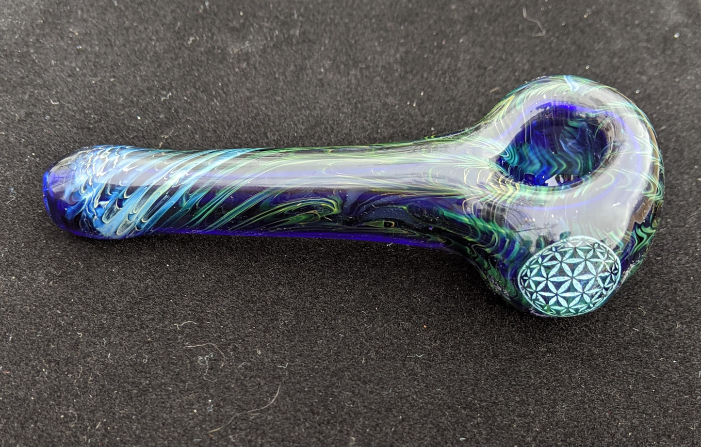 4.5 Inch,Glass Spoon, Sacred G Dichroic Symbol, Gold & Silver Fumed Rake Design
