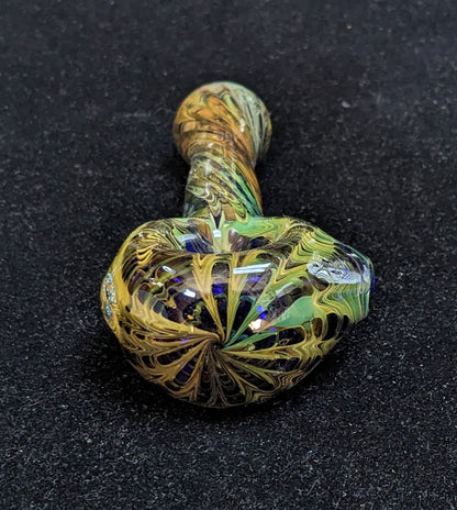 4.5 inch Glass Spoon, Dichroic Alien, Gold & Silver Fumed Rake Design