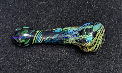 4.5 inch Glass Spoon, Dichroic Leaf, Gold & Silver Fumed Rake Design