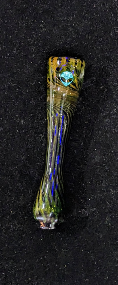 4 inch Glass Chillum, Dichroic Alien, Gold & Silver Fumed Raked Design