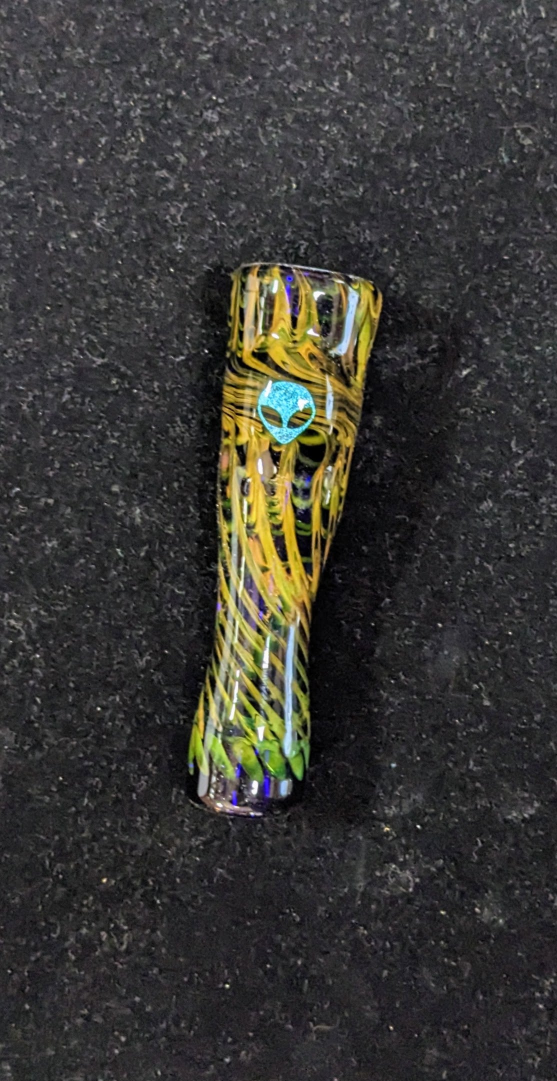 3.25 inch Glass Chillum, Dichroic Alien, Gold & Silver Fumed Rake Design