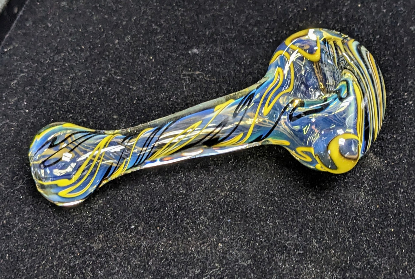 4.5 inch Glass Spoon, Inside Silver Fumed with a Jet Black & Crayola Yellow Spiral Design