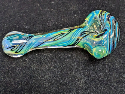 4.5 inch Glass Spoon, Silver Fumed with a Jet Black and Really Teal Spiral Design