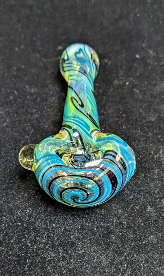 4.5 inch Glass Spoon, Silver Fumed with a Jet Black and Really Teal Spiral Design