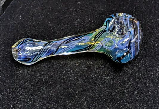 4.5 inch Glass Spoon, Silver Fumed with a Jet Black and Periwinkle Spiral Design