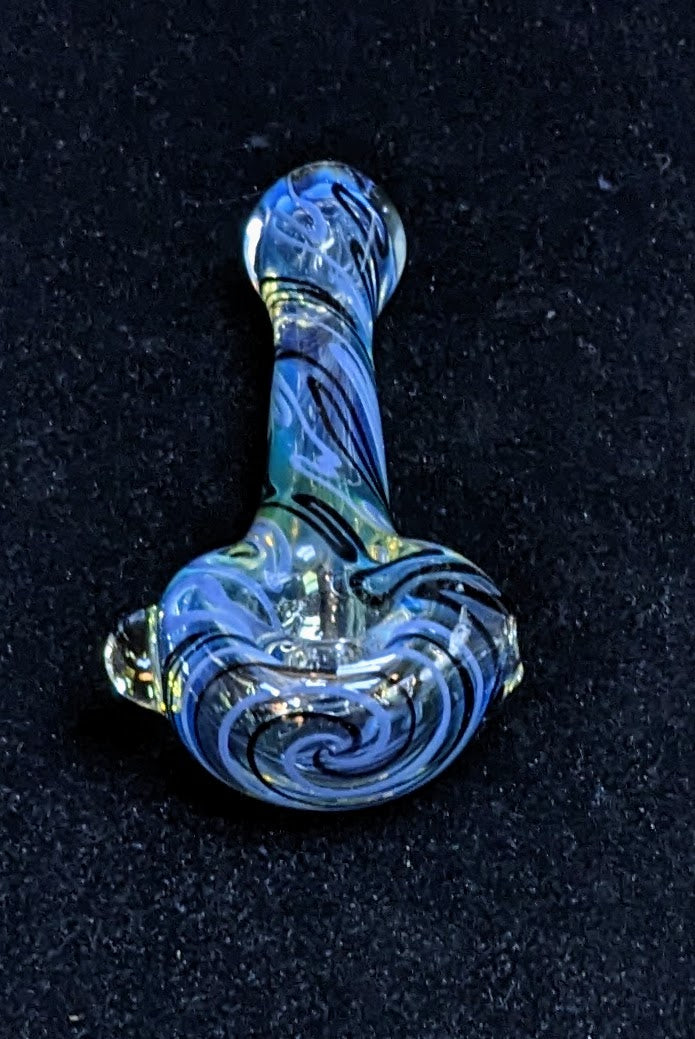 4.5 inch Glass Spoon, Silver Fumed with a Jet Black and Periwinkle Spiral Design