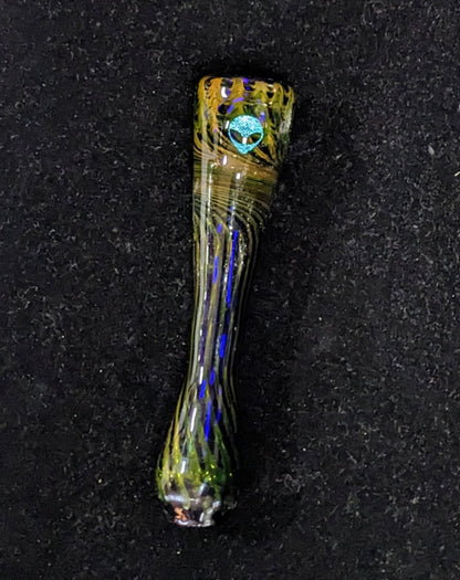 4 inch Glass Chillum, Dichroic Alien, Gold & Silver Fumed Raked Design