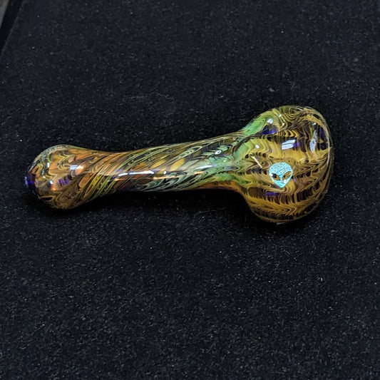 4.5 inch Glass Spoon, Dichroic Alien, Gold & Silver Fumed Rake Design