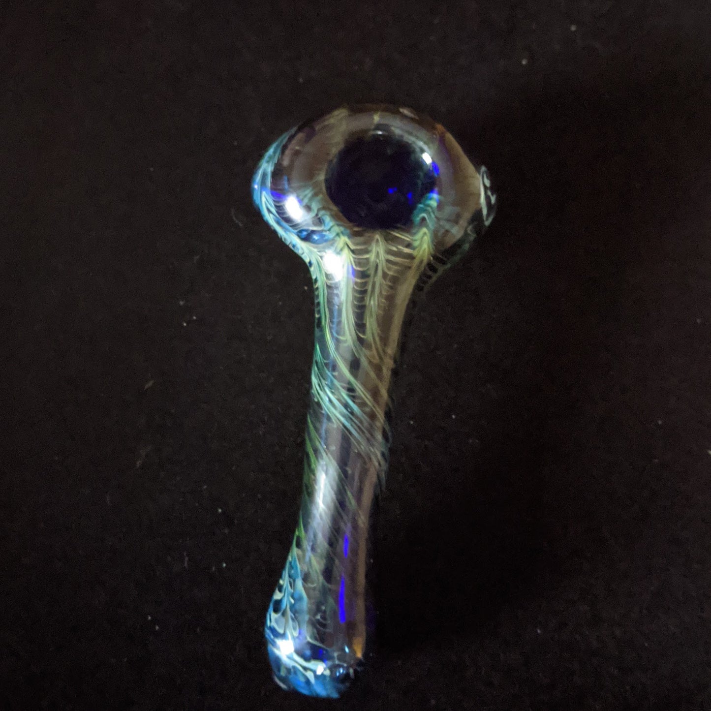 4.5 Inch Glass Spoon, Dichroic Jerry Face, Gold & Silver Fumed Rake Design