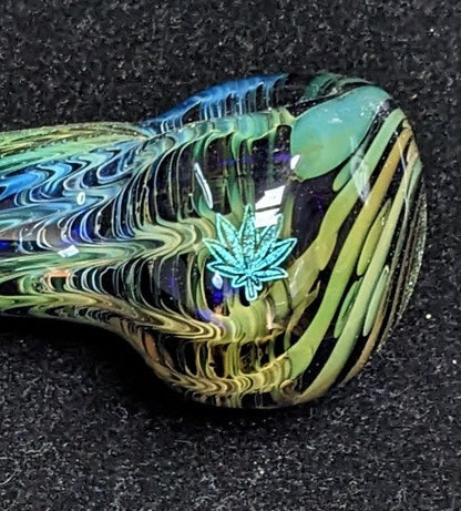 4.5 inch Glass Spoon, Dichroic Leaf, Gold & Silver Fumed Rake Design