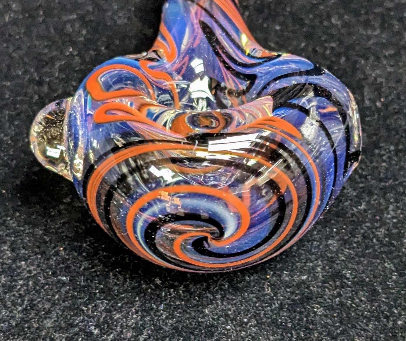 4.5 inch Glass Spoon, Inside Silver Fumed with a Jett Black & Poppy Spiral Design