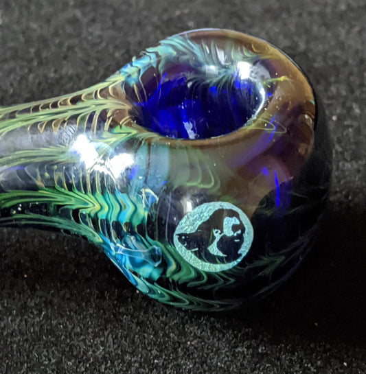 4.5 Inch Glass Spoon, Dichroic Jerry Face, Gold & Silver Fumed Rake Design