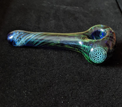 4.5 Inch,Glass Spoon, Sacred G Dichroic Symbol, Gold & Silver Fumed Rake Design